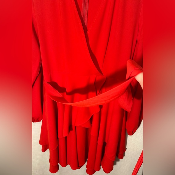 NEW Bonkwa Tiered Ruffle Hem Wrap V Neck Tie Waist Long Sleeve Red Dress Large - Picture 7 of 14